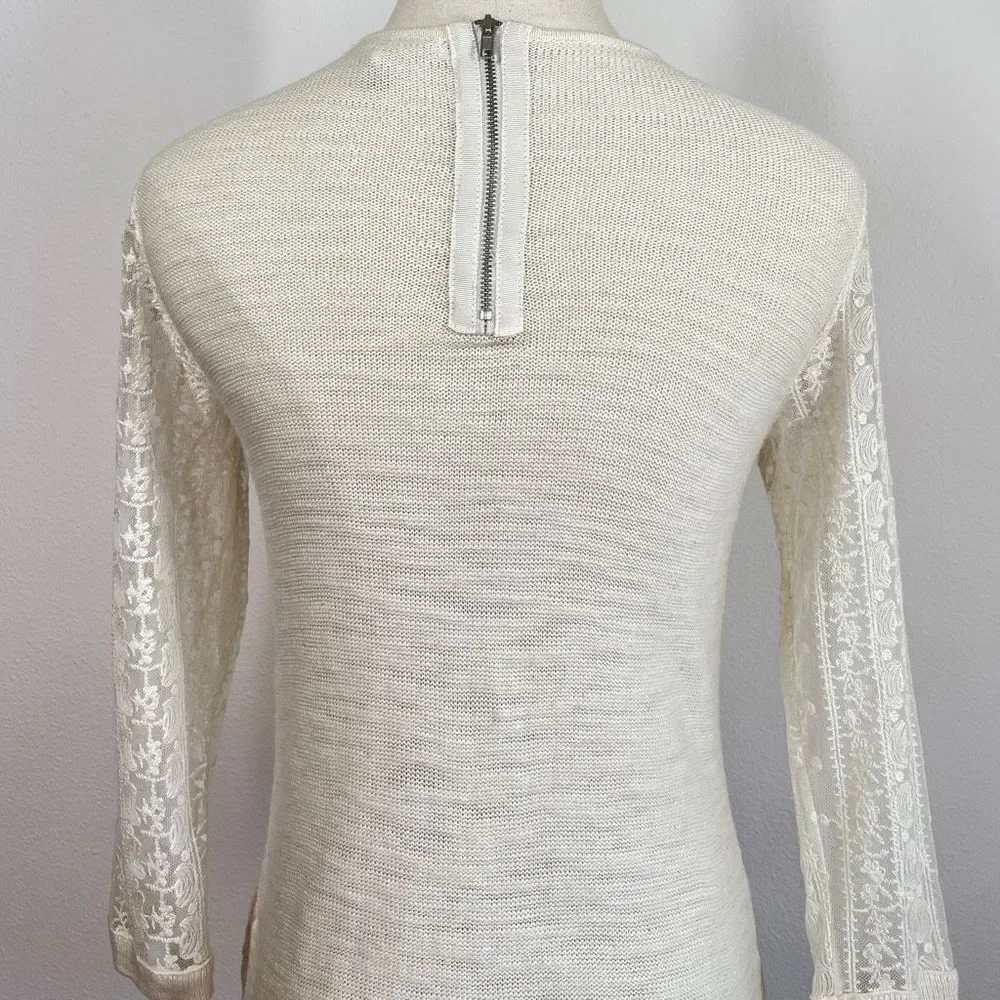 Knitted & Knotted Anthropologie Cream Sweater with Lace Sleeves and Open Knit Si